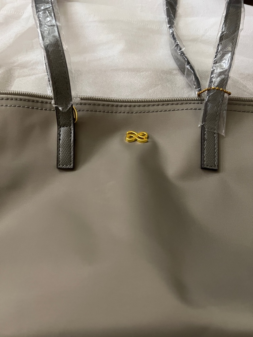 Structured Taupe Shoulder Bag with Gold Accent